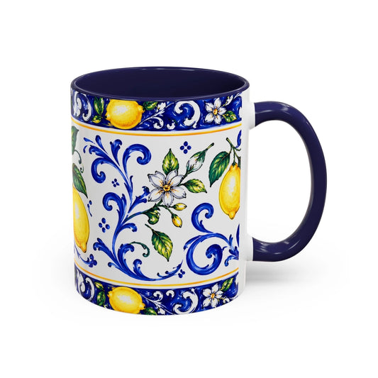 Ceramic mug with lemon and floral design on a white background