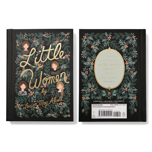 Book cover and back cover of 'Little Women' by Louisa May Alcott with decorative elements.