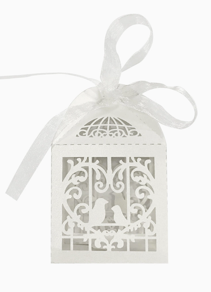Ivory pearlescent love birds laser cut wedding favor box with white ribbon
