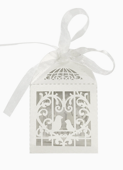 Ivory pearlescent love birds laser cut wedding favor box with white ribbon