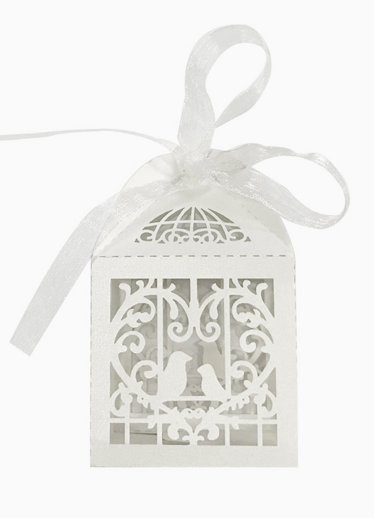 Ivory pearlescent love birds laser cut wedding favor box with white ribbon