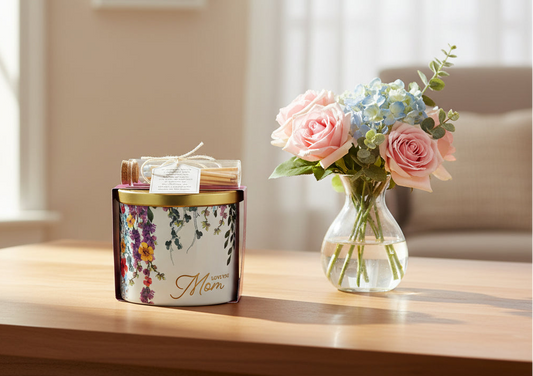 Candle with floral design and reed diffuser set on a white background