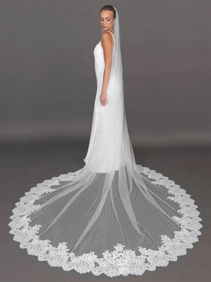 Long white wedding veil with lace details on a plain background