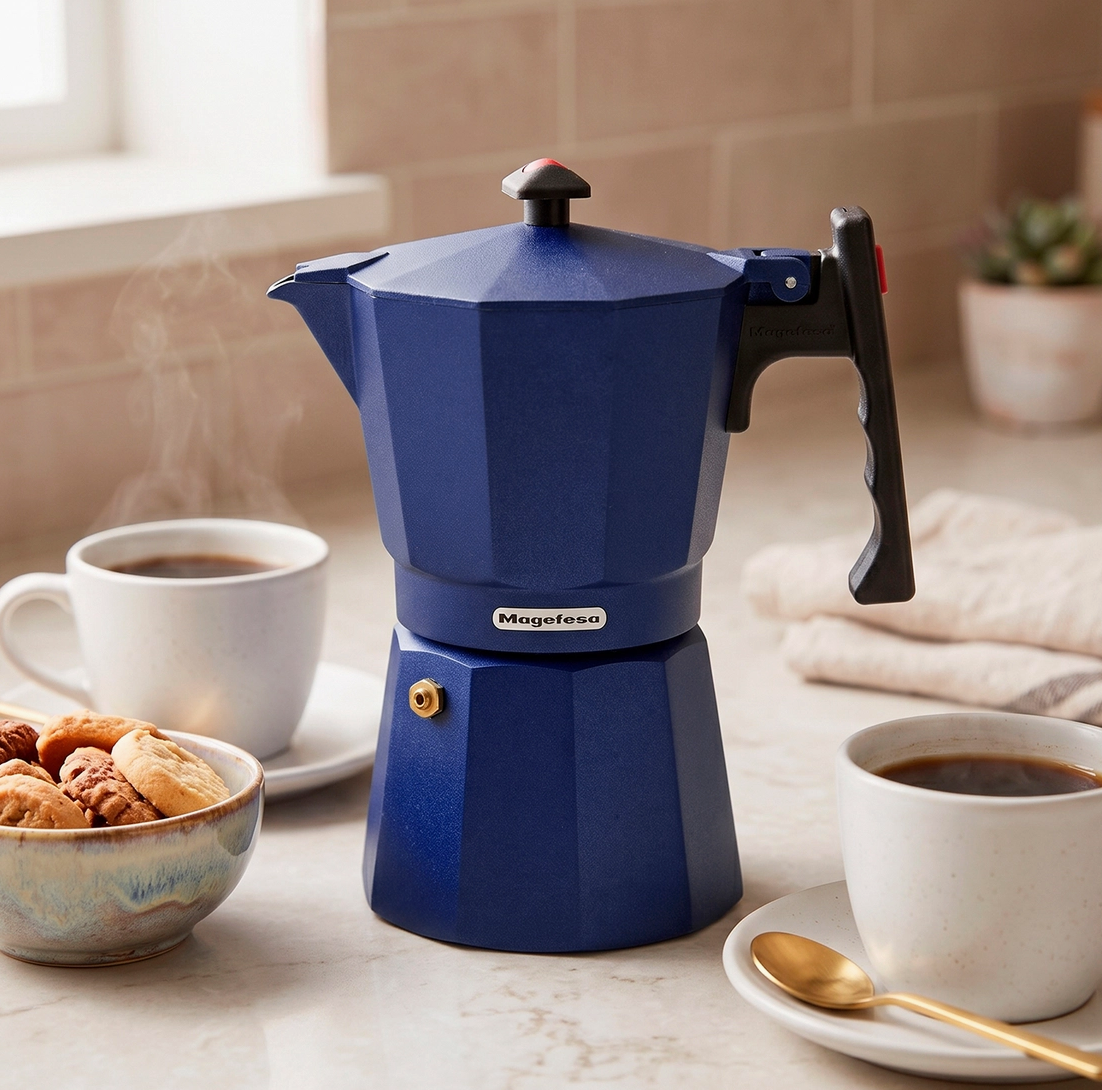 Magefesa Colombia blue 6-cup aluminum stovetop espresso maker styled with cups of coffee and pastries