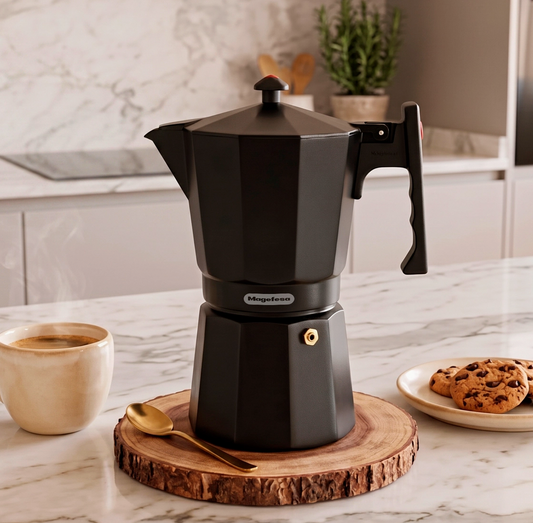 Magefesa Colombia Noir black aluminum stovetop espresso maker with coffee beans