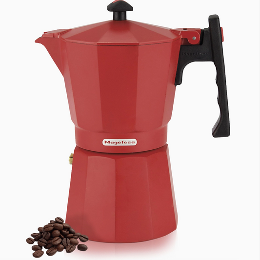 Magefesa Colombia red 6-cup aluminum stovetop espresso maker with black handle and coffee beans