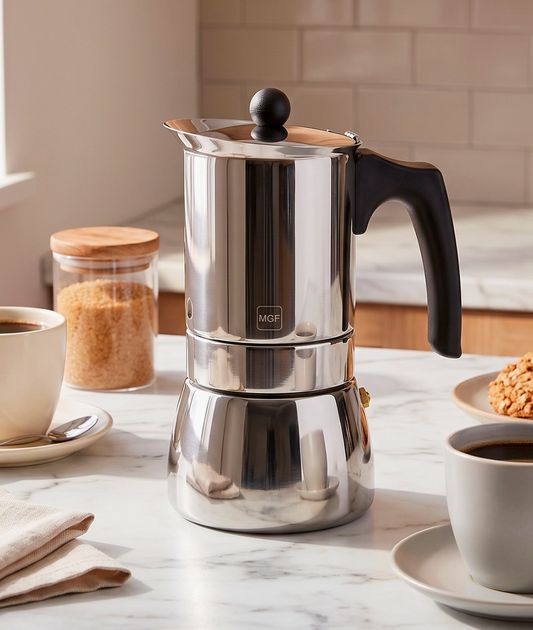 Magefesa Genova polished stainless steel stovetop espresso maker displayed on a kitchen counter with coffee cups