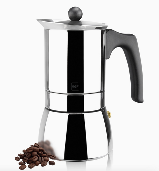 Magefesa Genova 18/10 stainless steel moka pot with black heat-resistant handle