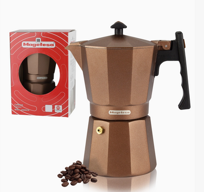 Magefesa Jamaica brown aluminum stovetop espresso maker with retail box and coffee beans