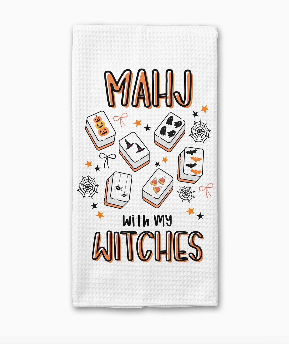 Mahj With My Witches Halloween Mahjong waffle weave kitchen towel