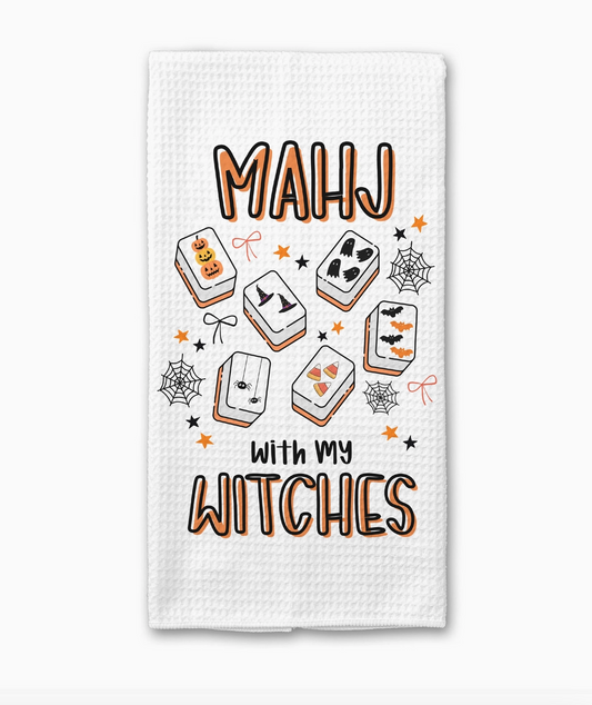 Mahj With My Witches Halloween Mahjong waffle weave kitchen towel