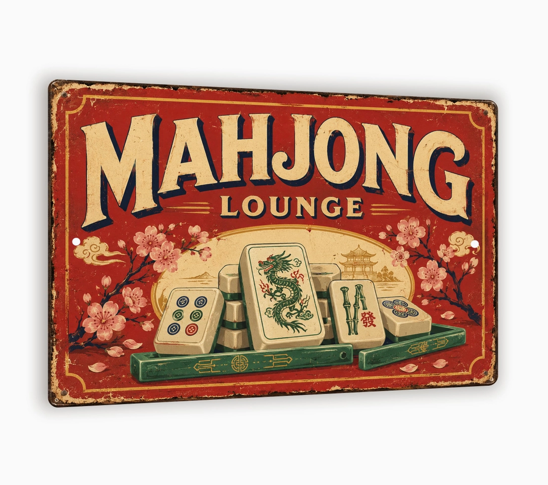 Vintage Mahjong Lounge metal sign with red background, Mahjong tiles, cherry blossoms and retro lettering