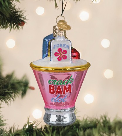 Pink Mahjong Mixer glass Christmas ornament with Joker tile and crack bam dot lettering hanging on Christmas tree