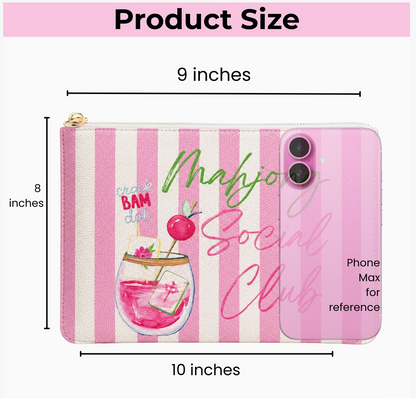 Pink and white striped Mahjong Social Club gift pouch shown with measurements and phone for size reference.