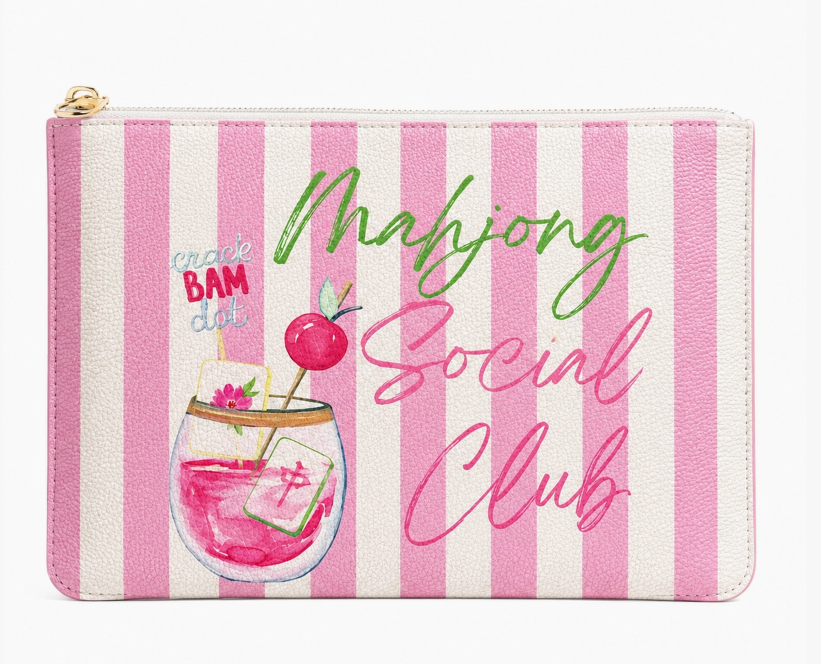 Mahjong Social Club pink and white striped gift pouch with watercolor cocktail design and zippered top.