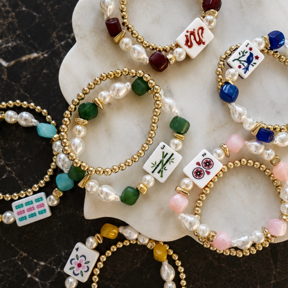 Ellison + Young Mahjong Tile Beaded Bracelet Sets in assorted colors with Mahjong tile charms, faux pearls and gold-tone beads.