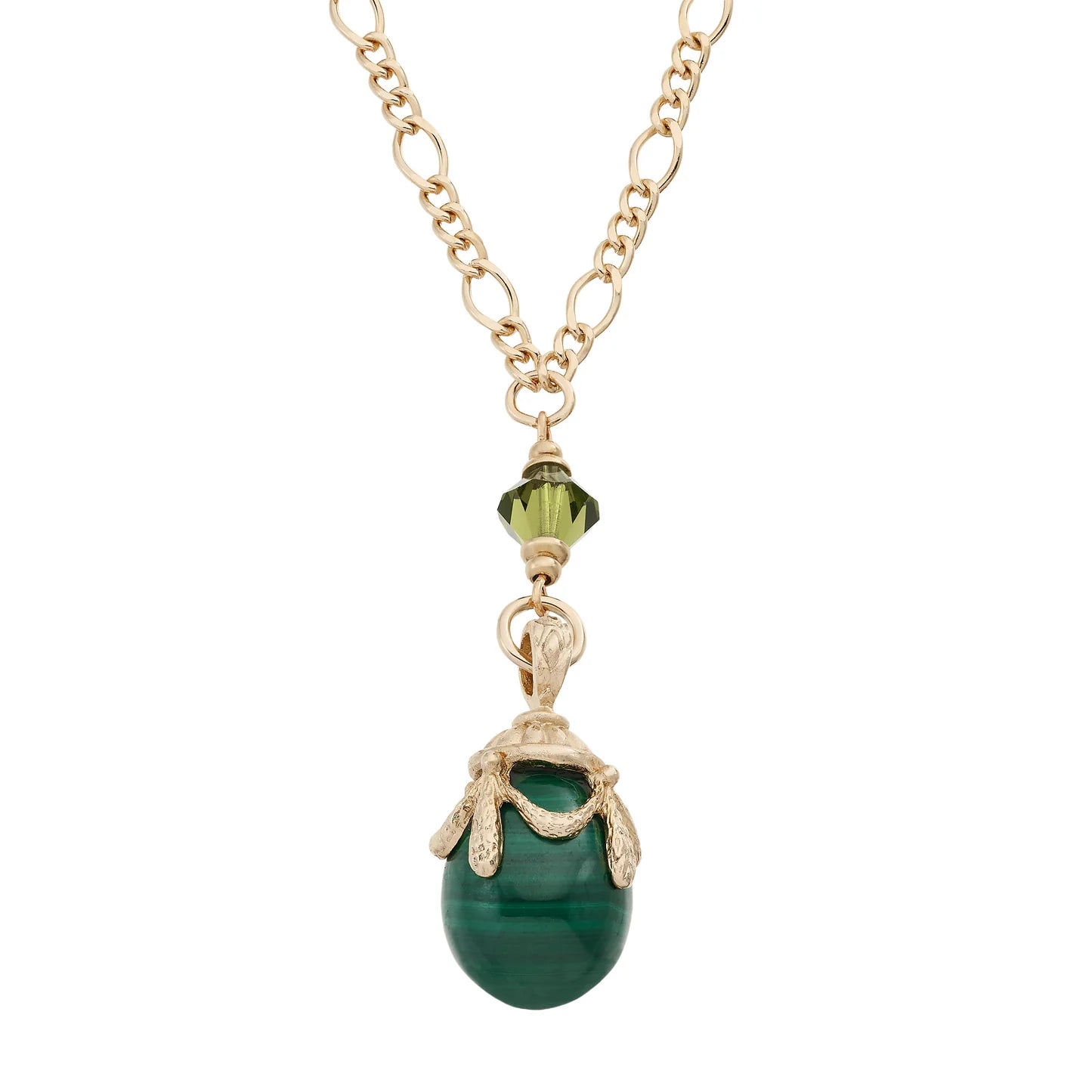 Necklace with a green pendant and gold chain on a white background