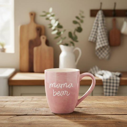 Pink mug with 'mama bear' text on a white background