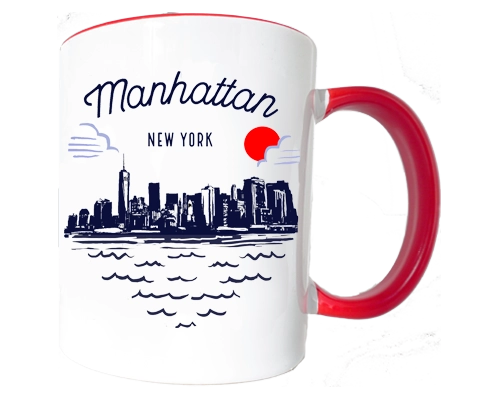 Mug with Manhattan New York design featuring a city skyline and red handle on a white background