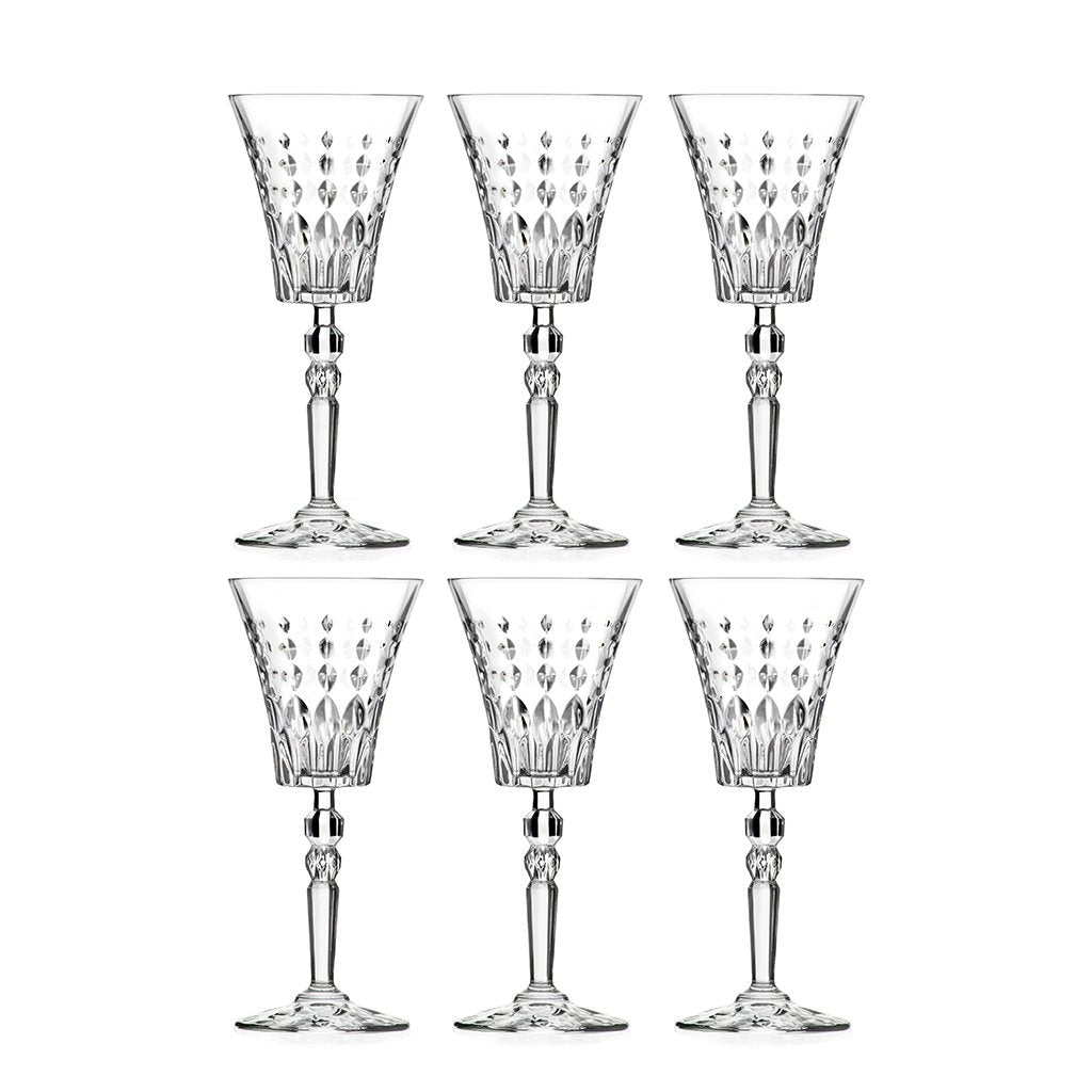 Set of six crystal wine glasses with a textured design on a white background