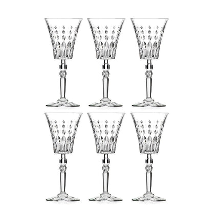 Set of six crystal wine glasses with a textured design on a white background