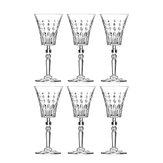 Set of six crystal wine glasses with a textured design on a white background