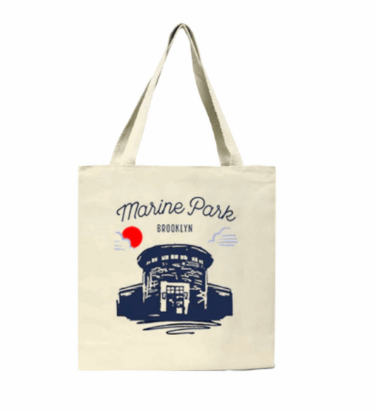 Tote bag with 'Marine Park Brooklyn' design on a white background