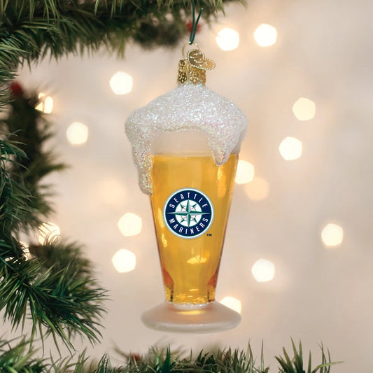 Decorative ornament shaped like a beer glass with a Seattle Mariners logo, hanging on a Christmas tree.