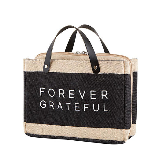 Tote bag with 'Forever Grateful' text on a white background