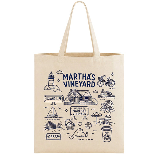 A beige canvas tote bag with navy blue line-art illustrations and the text 'MARTHA'S VINEYARD' printed on the front, shown against a plain white background.