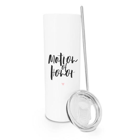 White tumbler with 'Matron of Honor' text and a heart, featuring a metal straw on a white background.