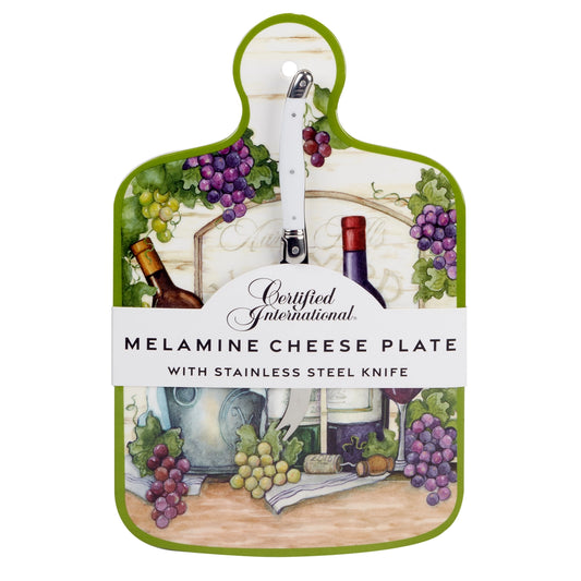 Melamine cheese plate with stainless steel knife and wine-themed design on packaging