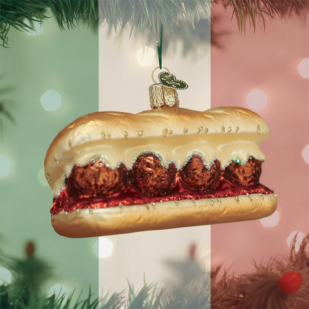 A novelty Christmas ornament shaped like a meatball sandwich hanging from a green Christmas tree branch. The ornament features a golden-brown bun, white sauce, three brown meatballs, and red glaze filling, set against a warm, blurred holiday background.