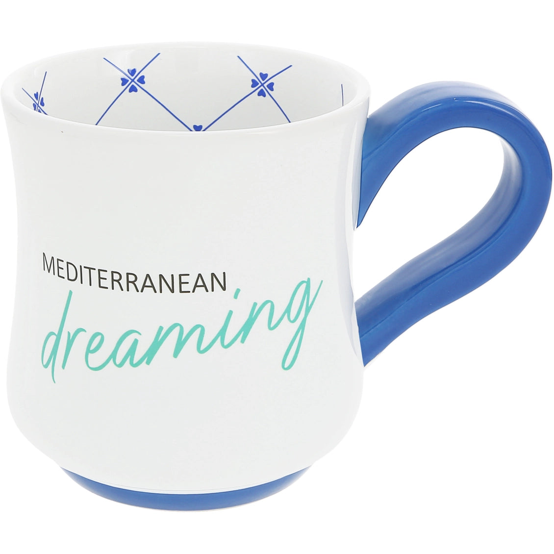 White mug with blue handle and interior, featuring the text 'Mediterranean dreaming' on a white background.