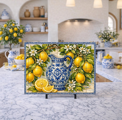 Decorative tile mural with lemons, a blue pitcher, and floral elements on a kitchen counter.