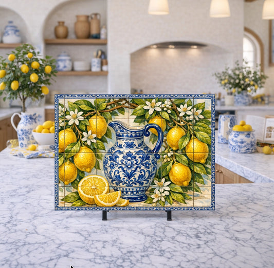 Decorative tile mural with lemons, a blue pitcher, and floral elements on a kitchen counter.