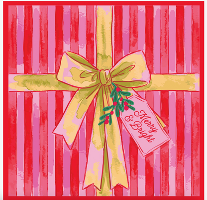 Merry and Bright Christmas Mahjong mat with pink and red striped wrapping paper design, large golden bow, green holly leaves and festive gift tag.