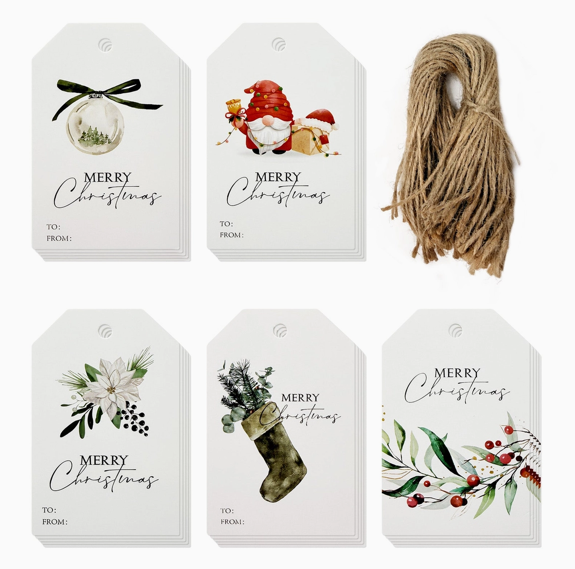 Set of 100 Merry Christmas gift tags in five holiday designs with jute string