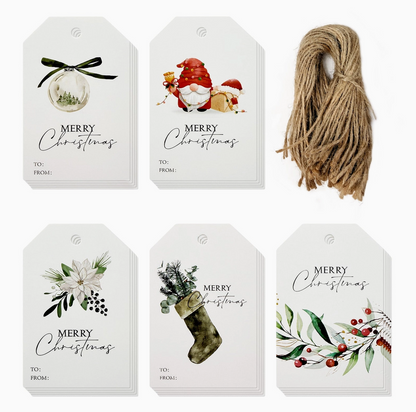 Set of 100 Merry Christmas gift tags in five holiday designs with jute string