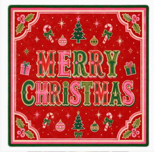 Merry Christmas Mahjong mat with red background, colorful vintage lettering, candy canes, Christmas trees, ornaments and holly