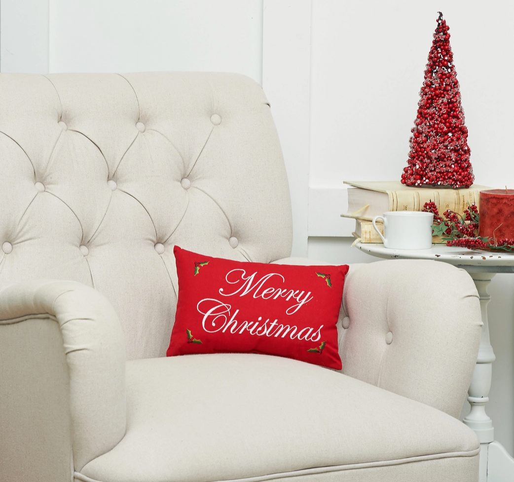 Merry Christmas Holly Embroidered Red Throw Pillow – 8 x 12 - NY Gift Boutique