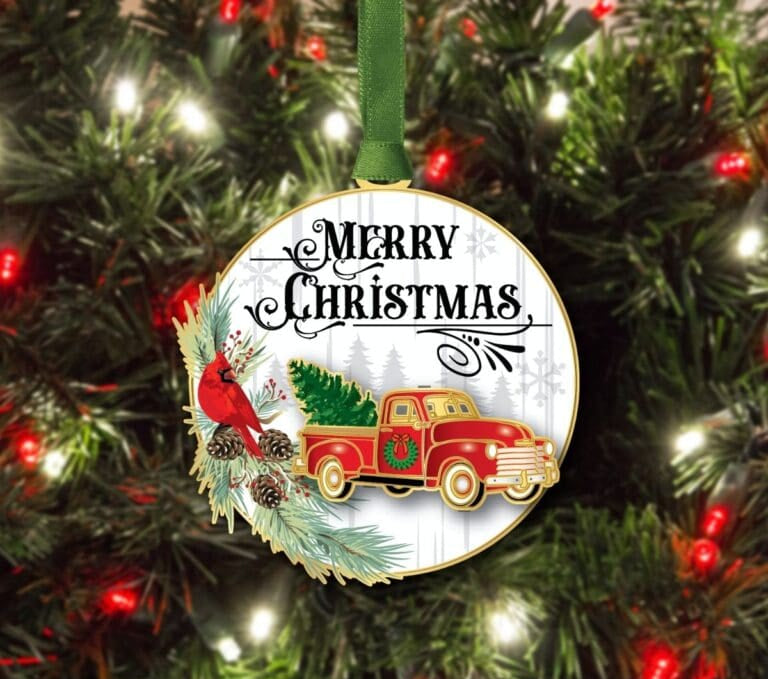 Merry Christmas Red Truck Brass Ornament