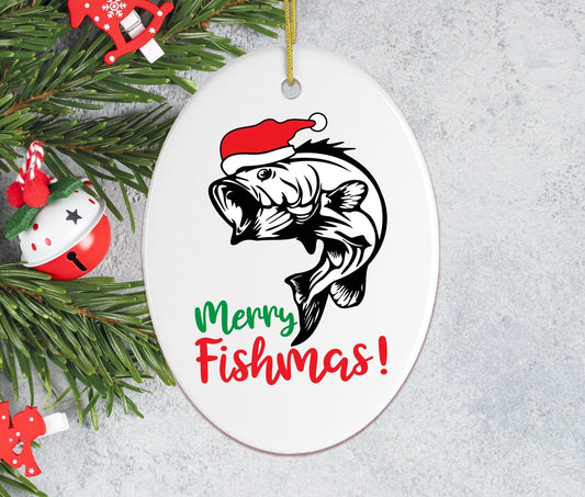 Christmas ornament with fish wearing a Santa hat and 'Merry Fishmas!' text, surrounded by Christmas decorations.