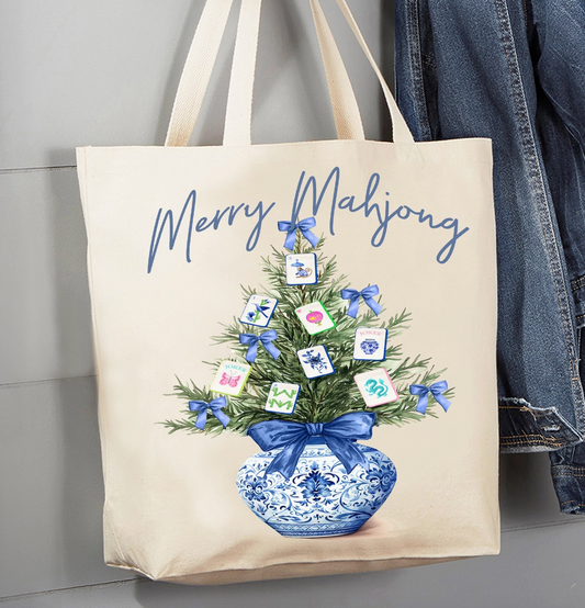 Merry Mahjong Christmas canvas tote bag with Mahjong tile Christmas tree and blue-and-white chinoiserie vase
