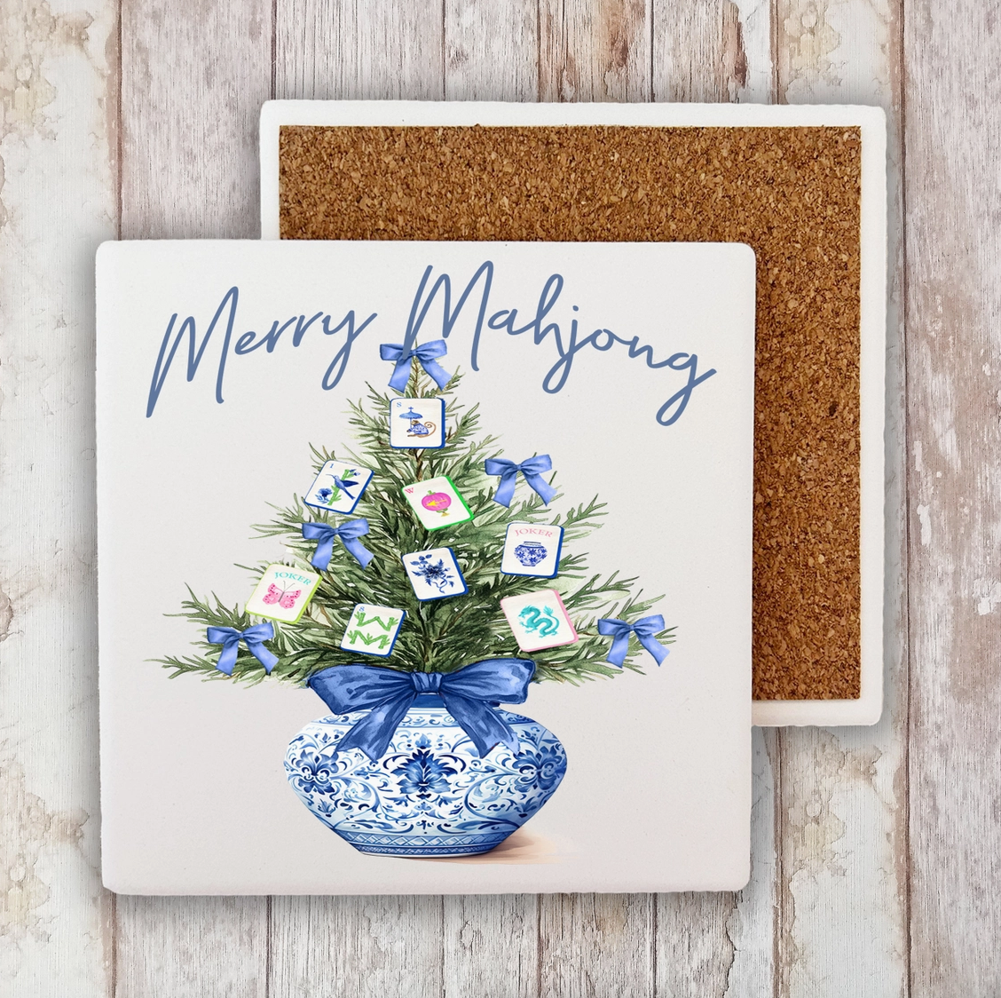 Merry Mahjong Christmas tree 4-inch white stone coaster with Mahjong tiles, blue bows, blue-and-white vase and cork backing