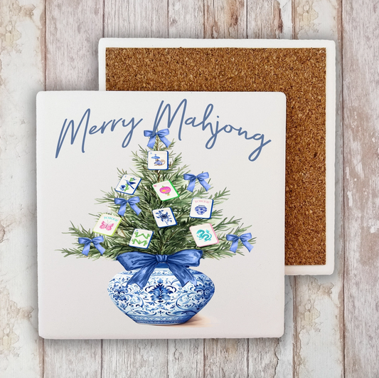 Merry Mahjong Christmas tree 4-inch white stone coaster with Mahjong tiles, blue bows, blue-and-white vase and cork backing