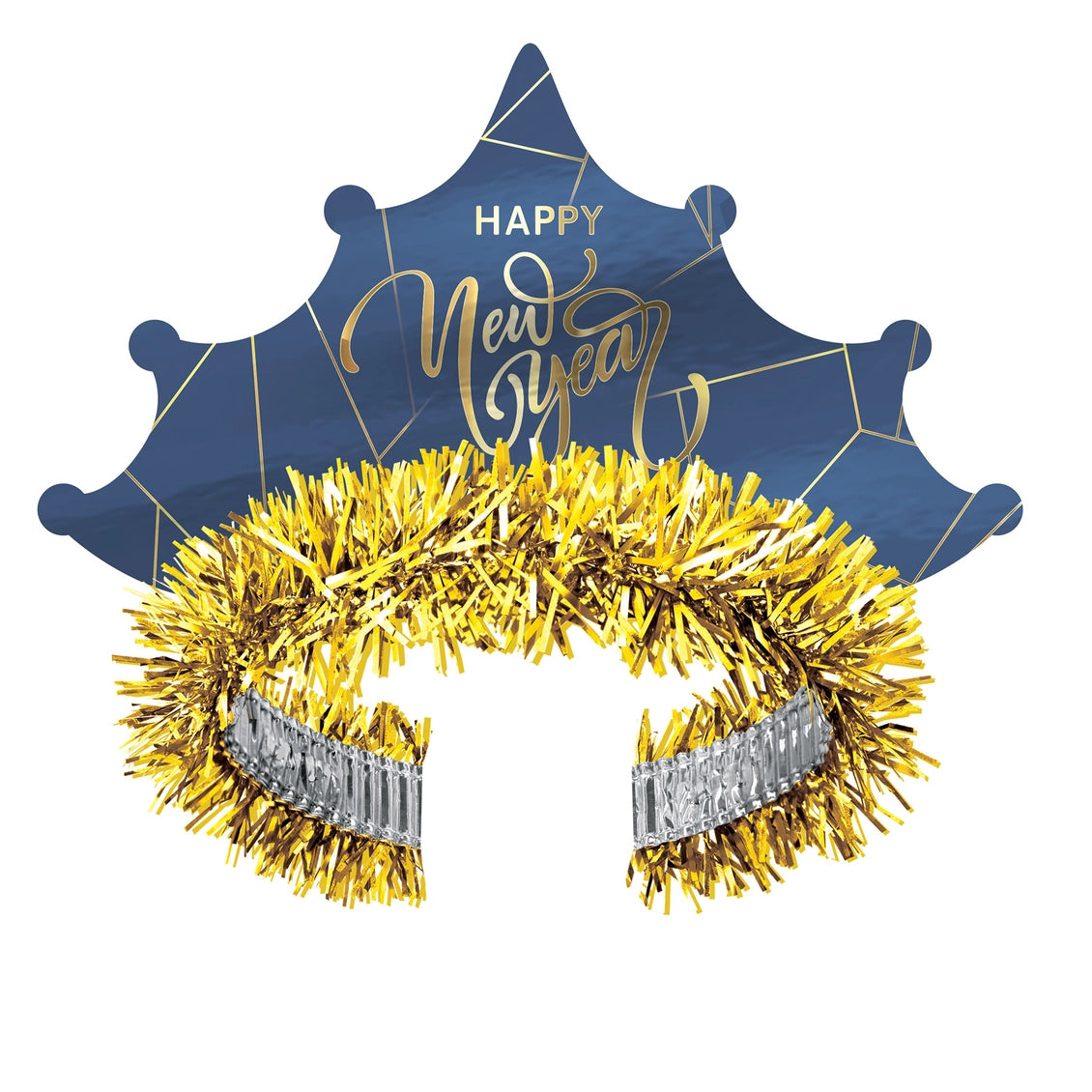 Decorative wreath with gold tinsel and silver ribbon, featuring 'Happy New Year' text on a blue background.