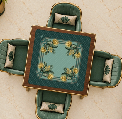 Midnight Peacock 33 x 33 inch Mahjong mat with emerald Art Deco border, peacock feathers, tropical leaves and soft jade playing surface.