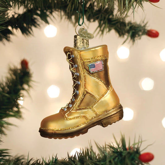 Gold boot ornament with American flag on a Christmas tree