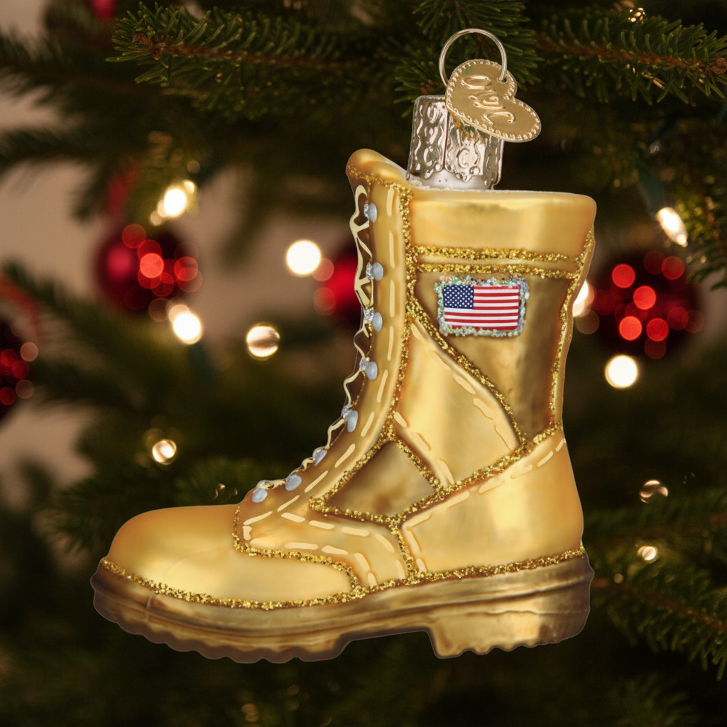 Gold boot ornament with American flag on a white background
